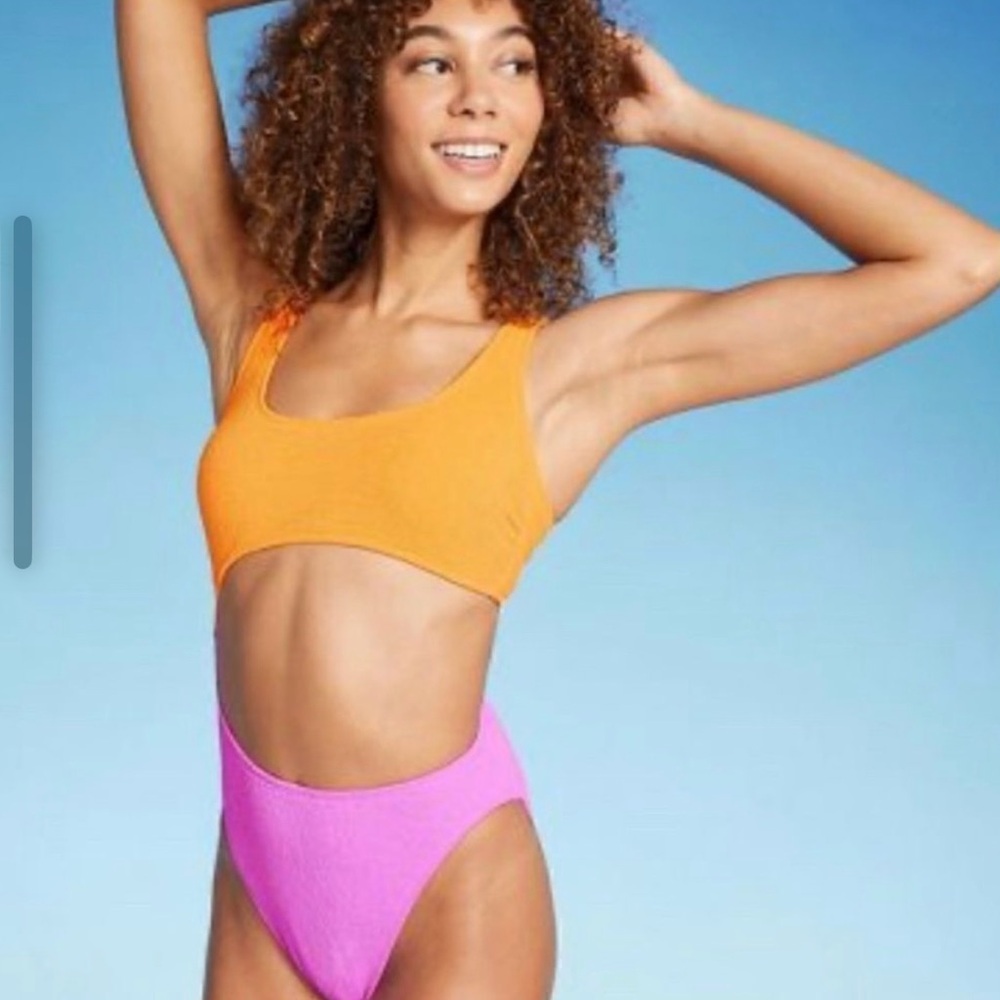 Orange and Pink Cut Out One Piece Bathing Suit